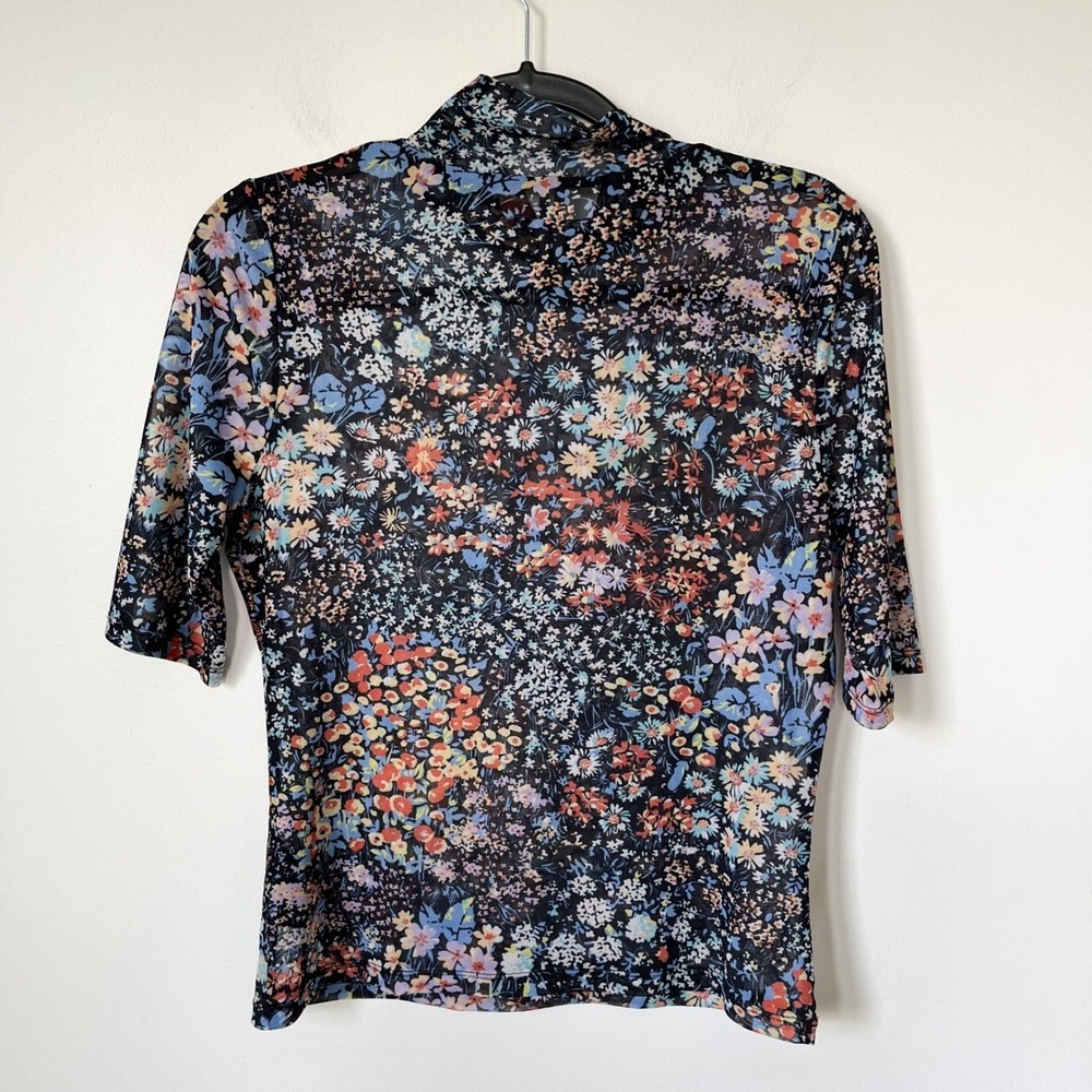 Anthropologie Floral Mesh Mock Neck Top Black Multi Medium ASO Kelly Clarkson - Picture 7 of 11